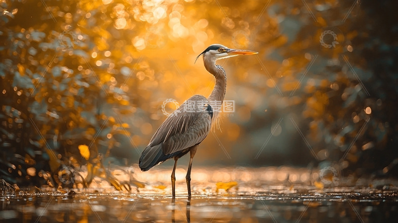 高清大图下载【趣麦麦图】金色夕阳下的苍鹭