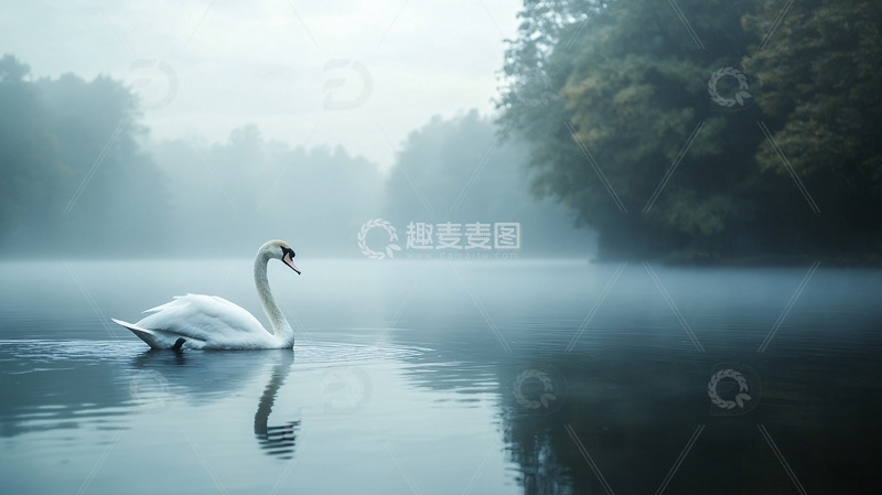 高清大图下载【趣麦麦图】雾中天鹅