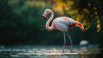 粉红火烈鸟水中优雅姿态