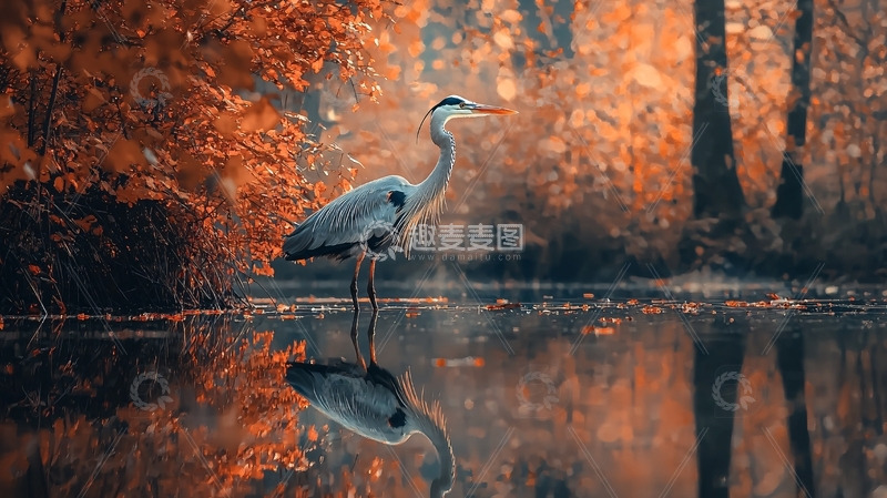 高清大图下载【趣麦麦图】秋日森林灰鹭倒影