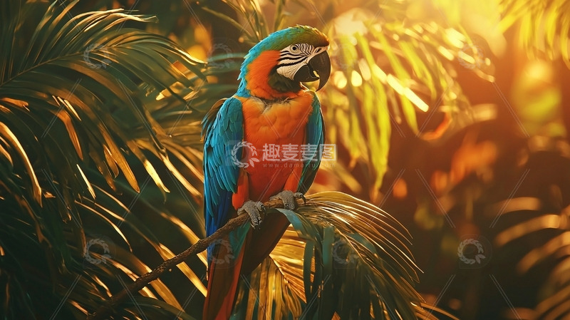 高清大图下载【趣麦麦图】金光闪闪的鹦鹉栖息枝头