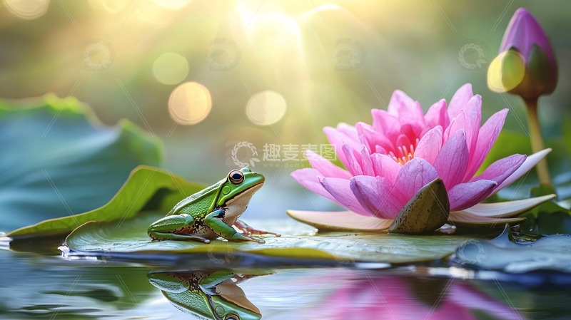 高清大图下载【趣麦麦图】青蛙与粉色睡莲