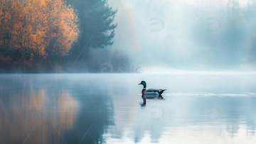 秋日雾气湖面孤鸟