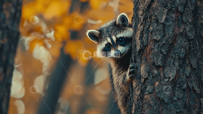 高清大图下载【趣麦麦图】浣熊树上秋景