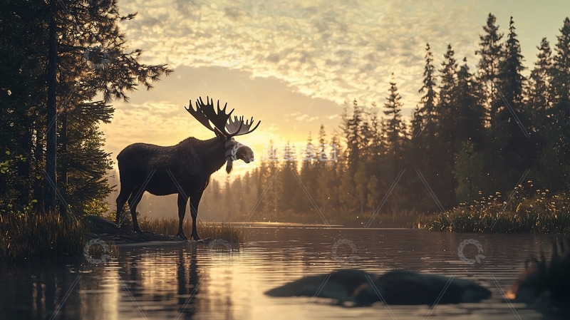 高清大图下载【趣麦麦图】清晨雾气中的驼鹿