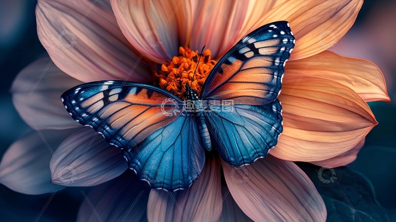 高清大图下载【趣麦麦图】蓝蝴蝶停在粉色花朵上