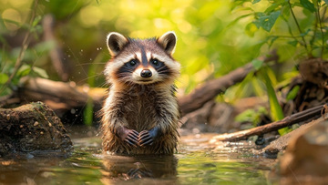 浣熊宝宝在溪边玩耍