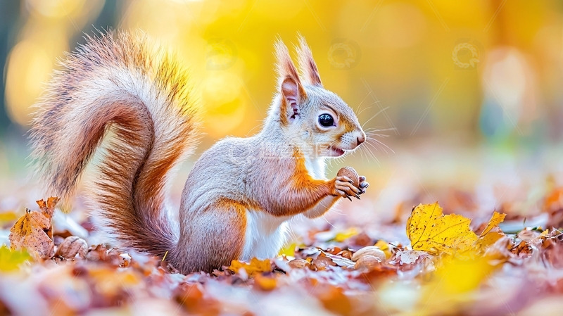 高清大图下载【趣麦麦图】秋天树林里的小松鼠