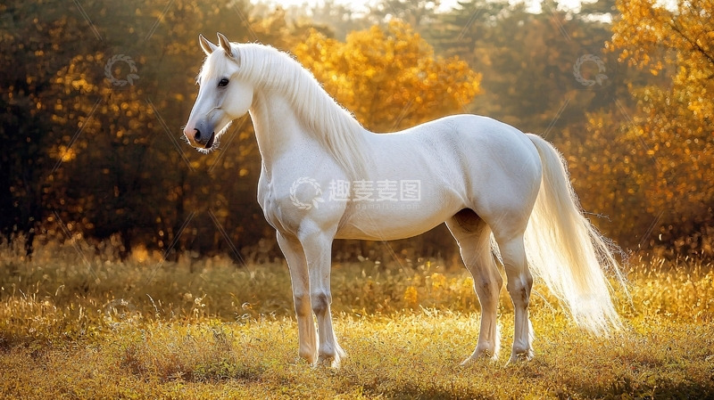 高清大图下载【趣麦麦图】秋季阳光下的白色骏马