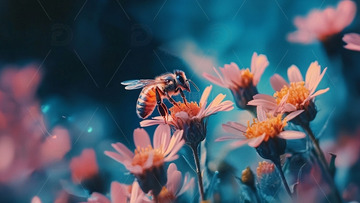 蜜蜂采蜜于粉色花丛