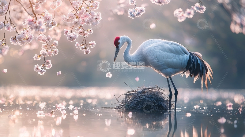 高清大图下载【趣麦麦图】红冠鹤樱花树下筑巢