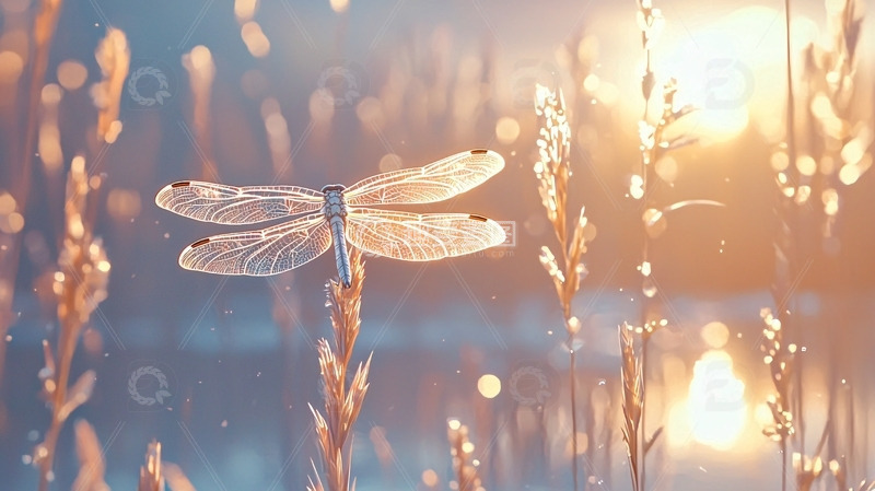 高清大图下载【趣麦麦图】日出时分蜻蜓栖息