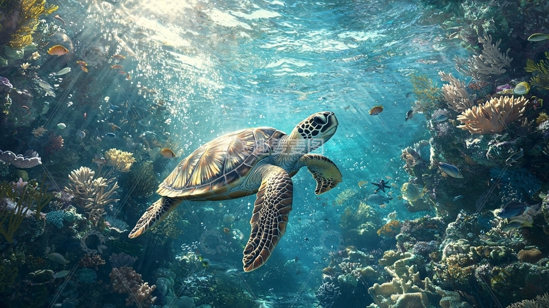高清大图下载【趣麦麦图】阳光下的海龟珊瑚礁