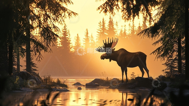 高清大图下载【趣麦麦图】日出时分森林中的驼鹿