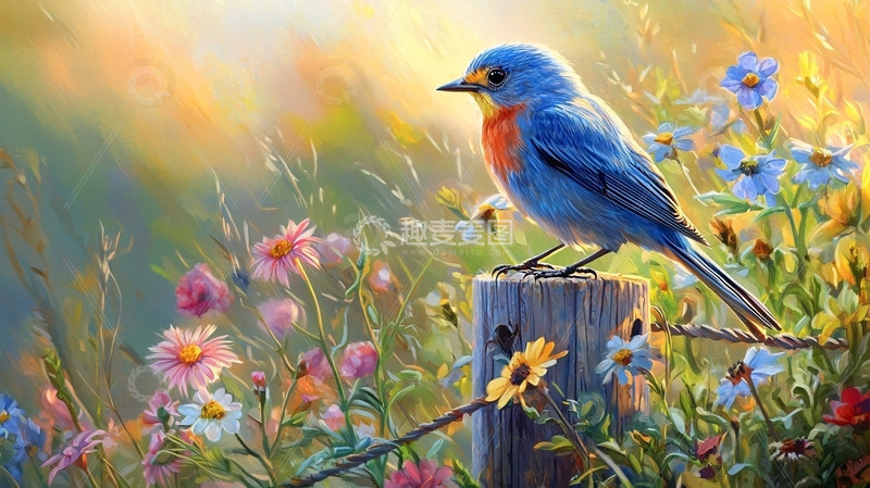高清大图下载【趣麦麦图】蓝鸟花丛篱笆阳光