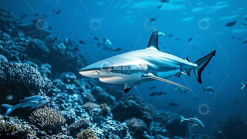 高清大图下载【趣麦麦图】鲨鱼在珊瑚礁中游动
