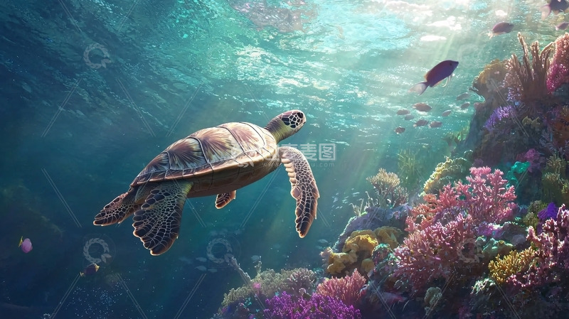 高清大图下载【趣麦麦图】海龟在珊瑚礁中畅游