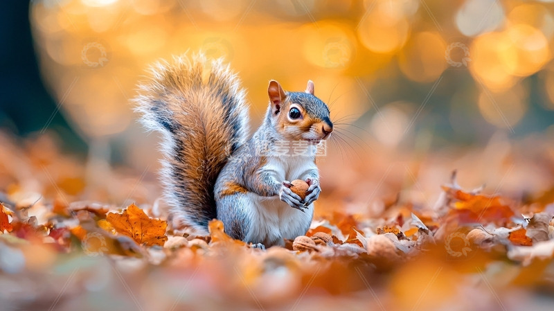 高清大图下载【趣麦麦图】秋天落叶中灰松鼠