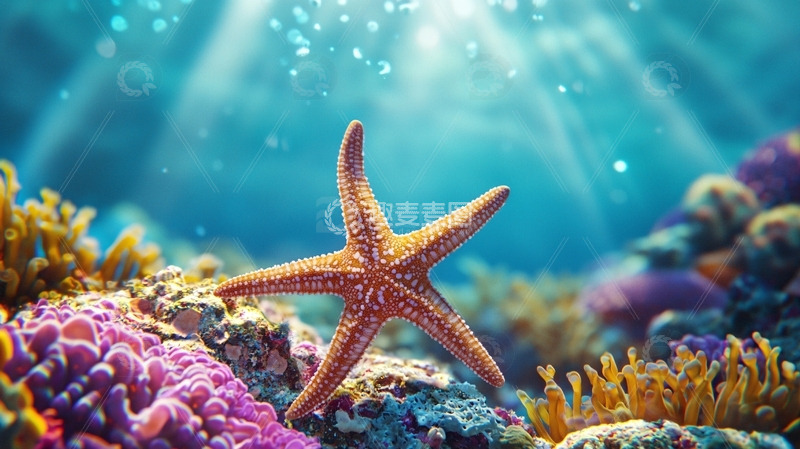 高清大图下载【趣麦麦图】阳光下的海星与珊瑚