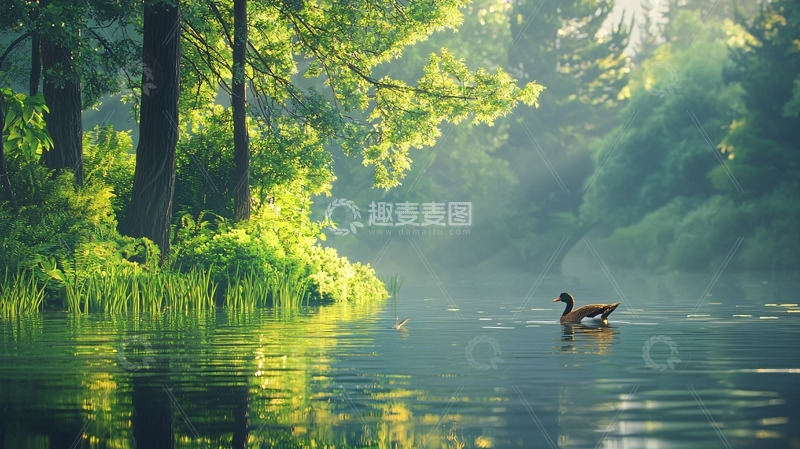 高清大图下载【趣麦麦图】森林湖泊晨雾