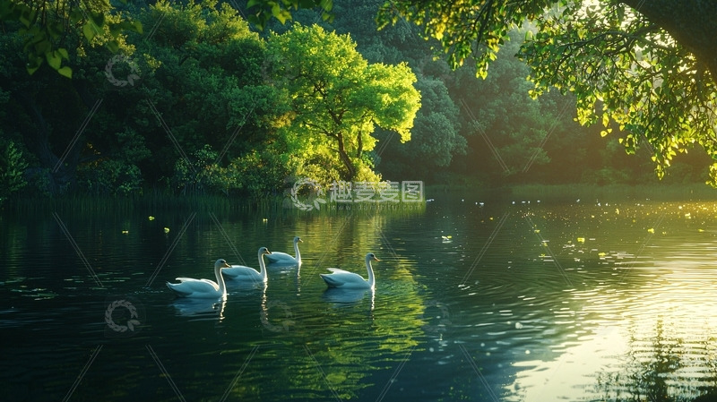 高清大图下载【趣麦麦图】清晨河边四只白天鹅