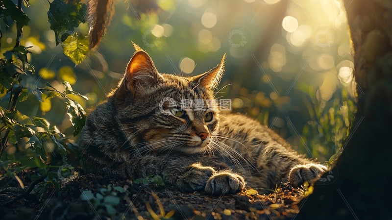高清大图下载【趣麦麦图】森林里阳光下的猫咪