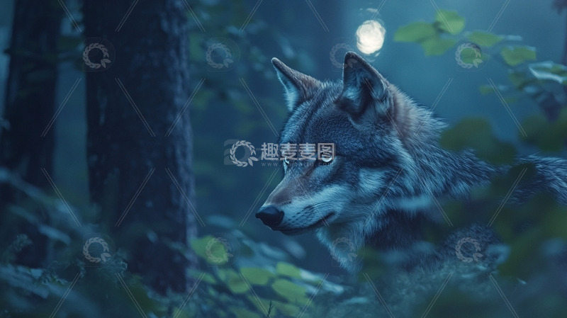 高清大图下载【趣麦麦图】森林中忧郁的灰狼