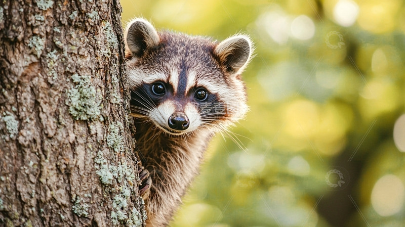 高清大图下载【趣麦麦图】树后探出头的小浣熊