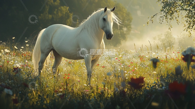 高清大图下载【趣麦麦图】清晨草原上的白色骏马