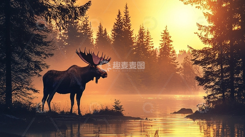 高清大图下载【趣麦麦图】日出时分森林中的驼鹿