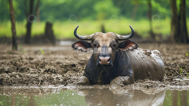 高清大图下载【趣麦麦图】泥地里休息的水牛