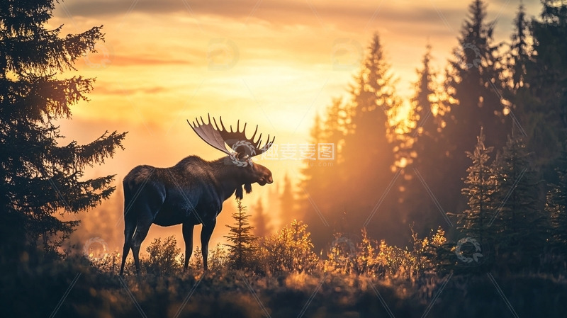 高清大图下载【趣麦麦图】驼鹿日出森林剪影