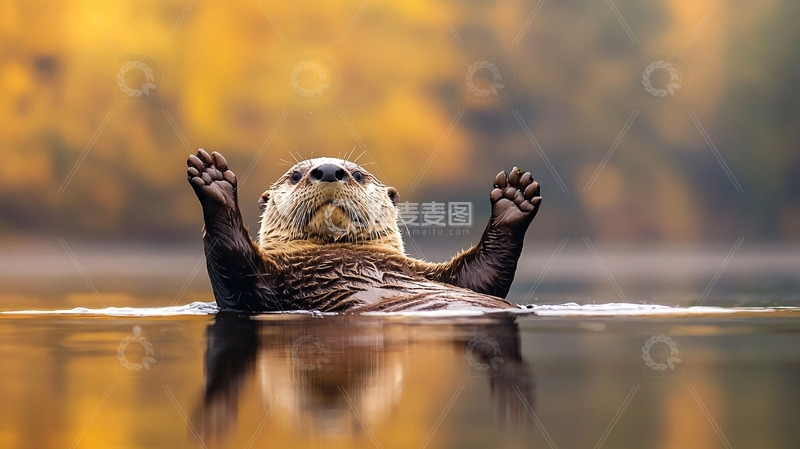 高清大图下载【趣麦麦图】秋日河水中举起双手的水獭