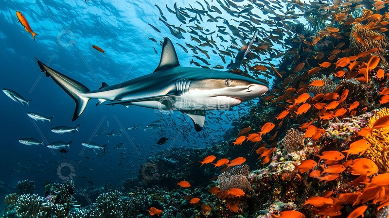 高清大图下载【趣麦麦图】鲨鱼在珊瑚礁中