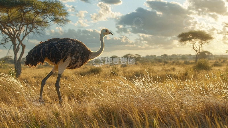 高清大图下载【趣麦麦图】非洲草原鸵鸟日落