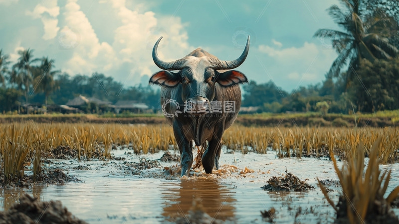 高清大图下载【趣麦麦图】水田里的大水牛