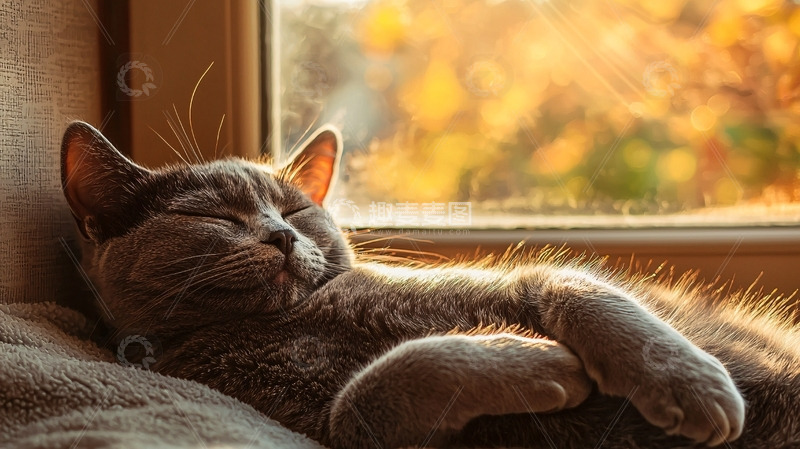 高清大图下载【趣麦麦图】窗边午睡的灰猫