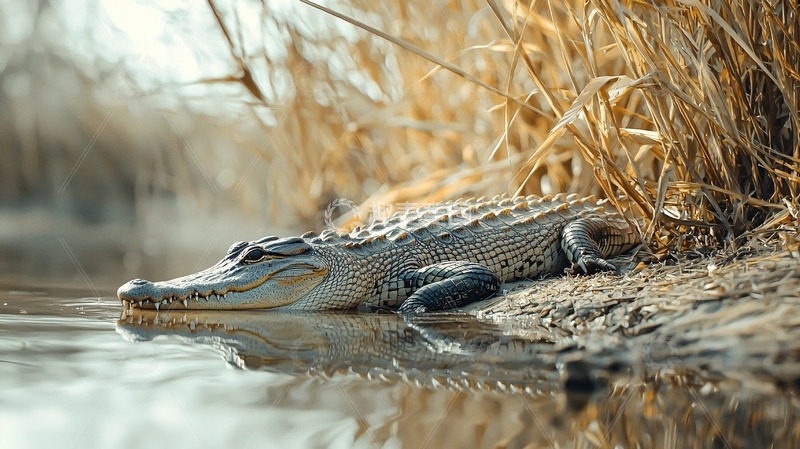 高清大图下载【趣麦麦图】鳄鱼在浅水中休息