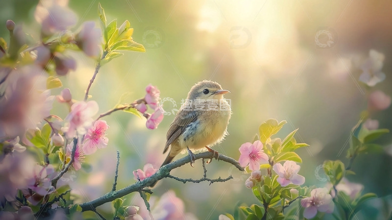 高清大图下载【趣麦麦图】春光下的粉色花枝小鸟