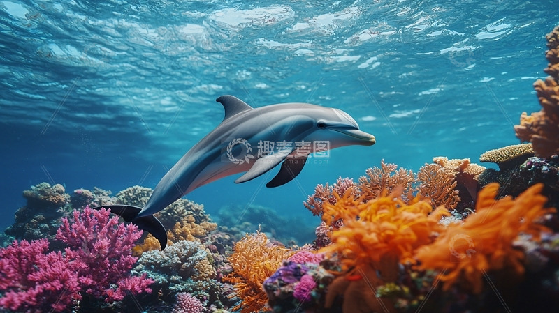 高清大图下载【趣麦麦图】海豚在珊瑚礁中畅游