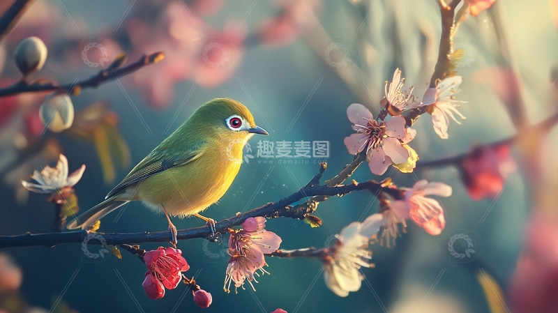 高清大图下载【趣麦麦图】小鸟栖息在桃花枝头