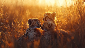 夕阳下三只猎豹幼崽