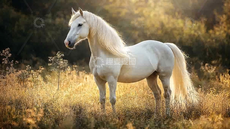 高清大图下载【趣麦麦图】金色阳光下的白色骏马