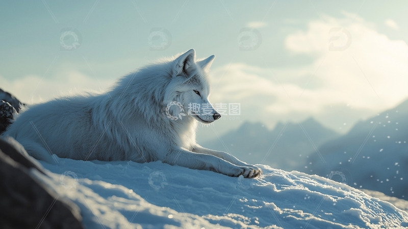 高清大图下载【趣麦麦图】雪山上的白色狼