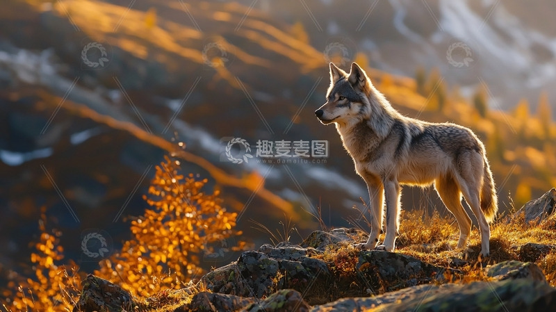 高清大图下载【趣麦麦图】山顶夕阳下的灰狼