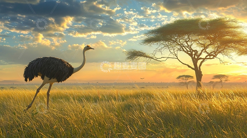 高清大图下载【趣麦麦图】非洲草原日落鸵鸟