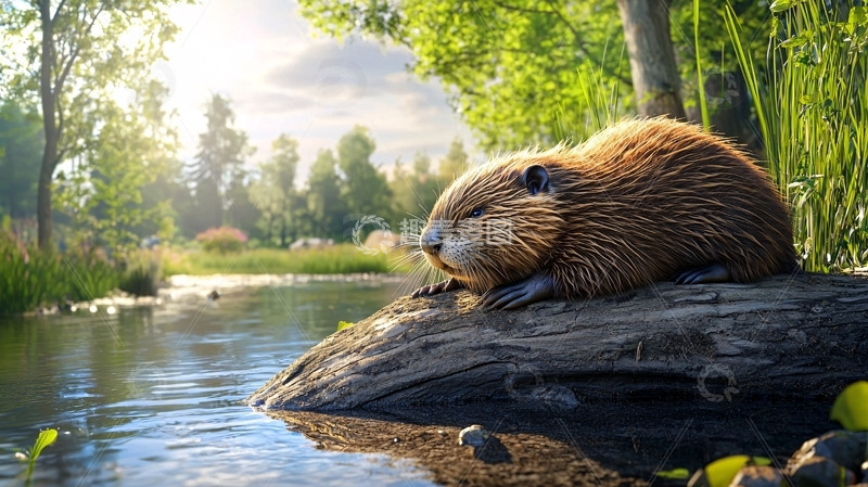 高清大图下载【趣麦麦图】河边休憩的河狸
