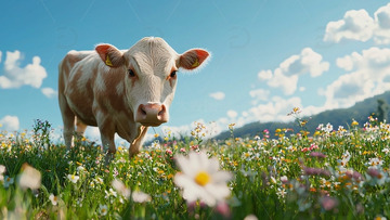 奶牛在花田里吃草
