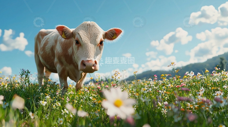 高清大图下载【趣麦麦图】奶牛在花田里吃草