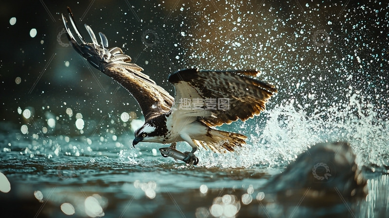 高清大图下载【趣麦麦图】飞溅的水花中捕鱼的鱼鹰
